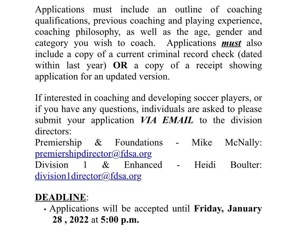 fdsasoccer's tweet photo. Can you believe it’s time to start sorting our Summer 2022 Coaches?!? Take a look at our info, add to your Summer and have lots of fun! Deadline to apply is: January 28th at 5pm Emails are listed in post! #cantwaitforsummer #soccercoaches #somethingforall https://t.co/2AGkc8PTQL