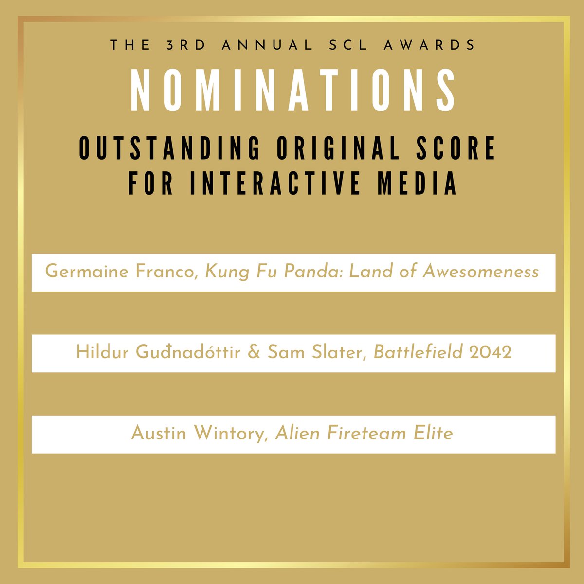 Congratulations to the nominees for Outstanding Original Score for Interactive Media! 🎶 #sclawards #originalscore #interactivemedia #thescl #sclny