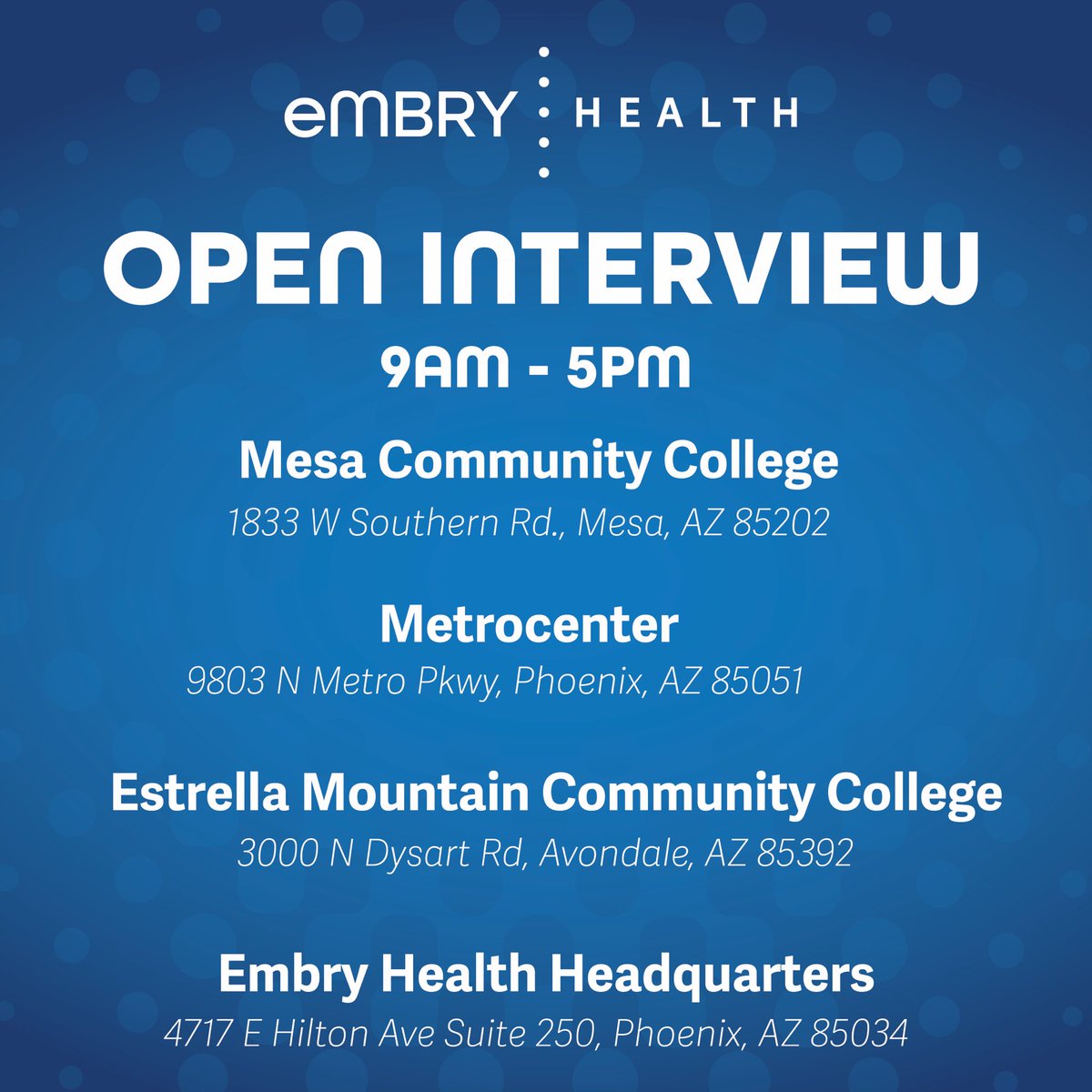 EmbryHealth's tweet photo. With the current demand of COVID testing we are offering OPEN INTERVIEWS from 9am-5pm in these select location!
We are hiring for:
💥Operations Manager
💥Medical Assistant
💥LPN
💥CNA
💥Admin
#embryhealth #embryproud #openinterview #arizonajobs #jobseeker #jobsearch https://t.co/r73LqC2bp3