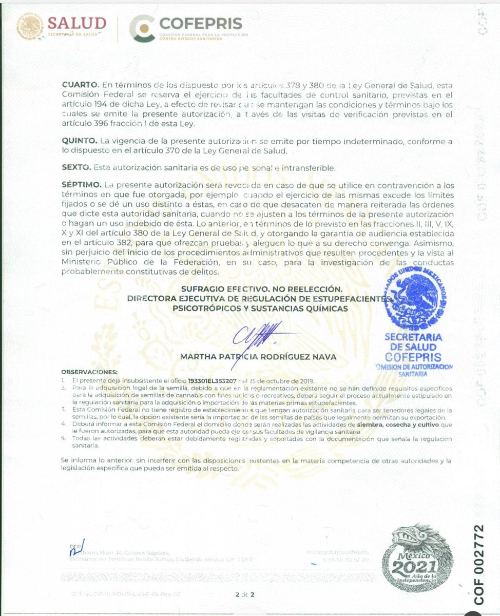 Les comparto la Autorización Sanitaria expedida por la #Cofepris a favor de un cliente en cumplimiento al amparo que le tramité para el consumo con fines #lúdicos o recreativos, el cultivo, cosecha, posesión, adquisición legal y transporte de #cannabis #marihuana