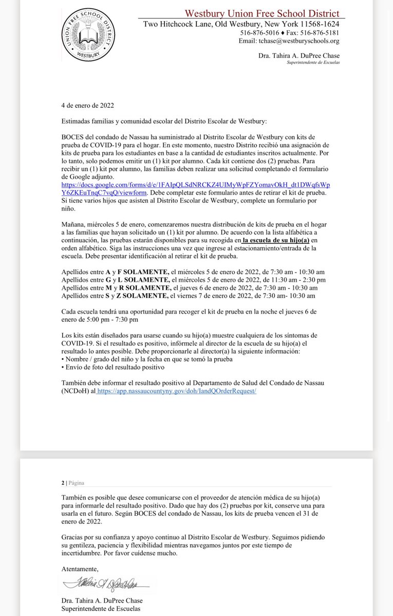 westbury_ms's tweet photo. Please see the attached memos from Westbury UFSD's Superintendent, Dr. Chase about COVID-19 testing kits for Westbury scholars. #OneWestbury https://t.co/pKv6O2Lyc2