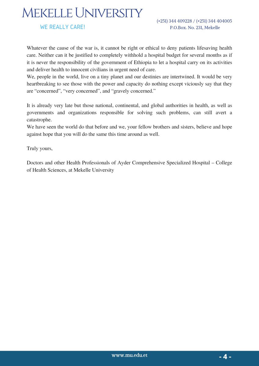 TigrayCIC's tweet photo. ‘Hoping Against Hope!’

Position Statement of Doctors and other health professionals of Ayder Comprehensive Specialized Hospital – College of Health Sciences, #Mekelle University, #Tigray. 

January 4, 2022. https://t.co/9aN9rwDq2W