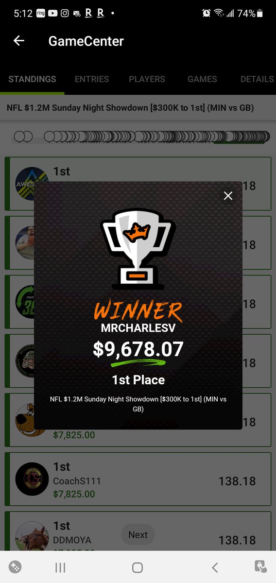 fullyequipped's tweet image. I watch you guys religiously @Loughy_D @Matt_Gajewski Thank you for the work you put in appreciate ya. Tied for 1st place Sun Showdown and won $7,825.00 and overall $9,678.07 for the contest. I also took 3rd place last month for another 15k. You guys are the best🙏 @AwesemoHOF