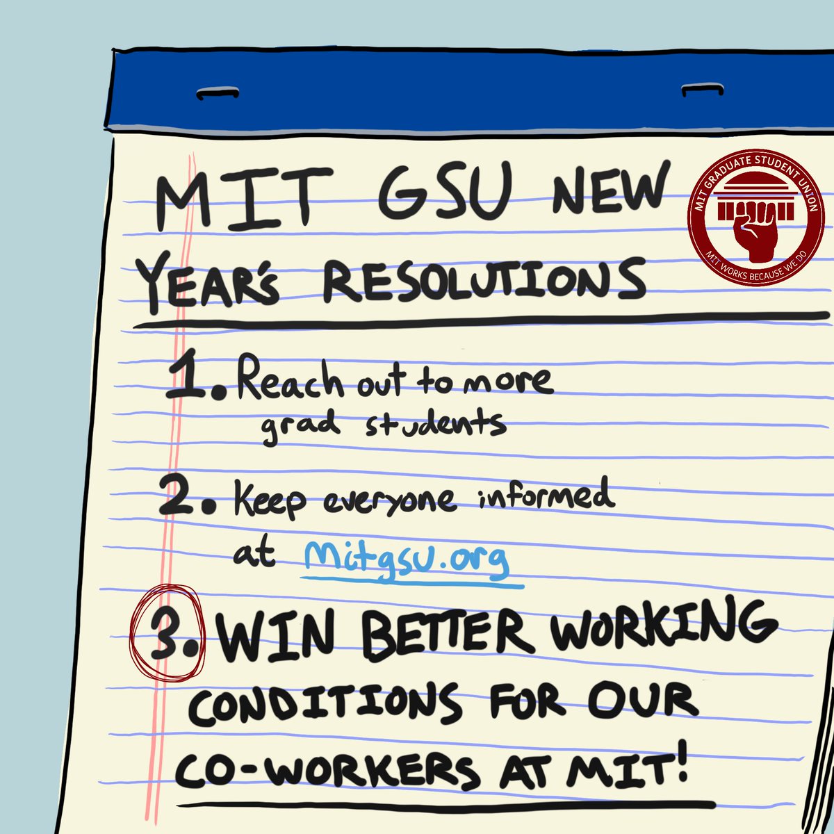 Happy new year! In 2021 we came together as grad student workers to win guaranteed transitional funding, net a first-time-ever mid-year raise, and found majority support for the #MITGSU with our card drive. But we're just getting started. (1/n)