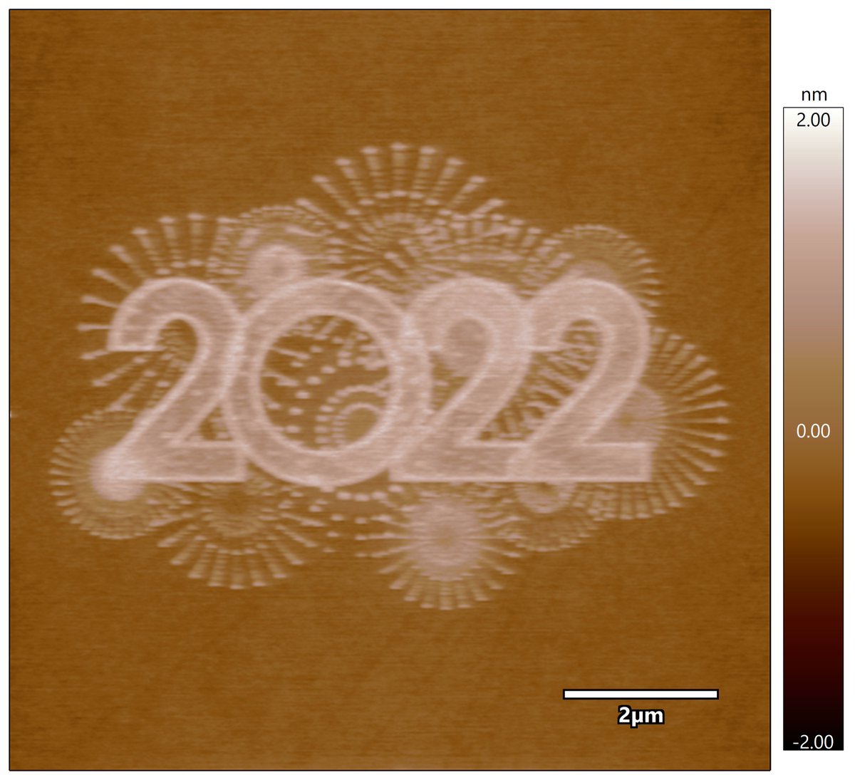 asylumafm's tweet photo. Happy New Year! Below is an anodic oxidation nanolithography image we created using our Cypher ES #AtomicForceMicroscope. By applying a bias to the probe tip at a humidity of ~75%, you can control the growth of silica on silicon, which creates the image. #lithography #AFM https://t.co/VzJYBOalBk