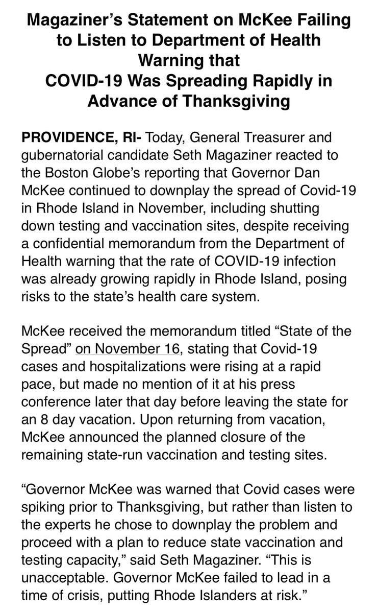 SethMagaziner's tweet image. Governor McKee was warned COVID cases were spiking prior to Thanksgiving, but rather than listen to the experts he chose to downplay the problem. 

This is unacceptable. 

Governor McKee failed to lead in a time of crisis, putting Rhode Islanders at risk. Read more 👇