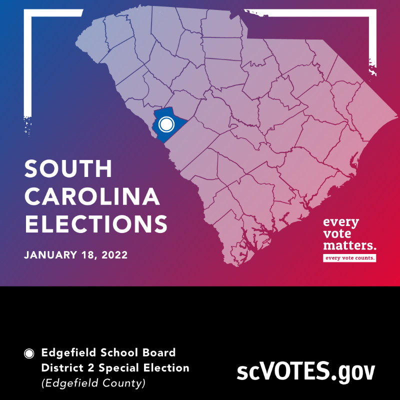 scvotes's tweet photo. Edgefield County Voters, mark you calendar for #ElectionDay on Tuesday, January 18:

🗳 Edgefield School Board District 2 Special Election 

For more information visit https://t.co/gg8U0tzzTi. #scVOTES