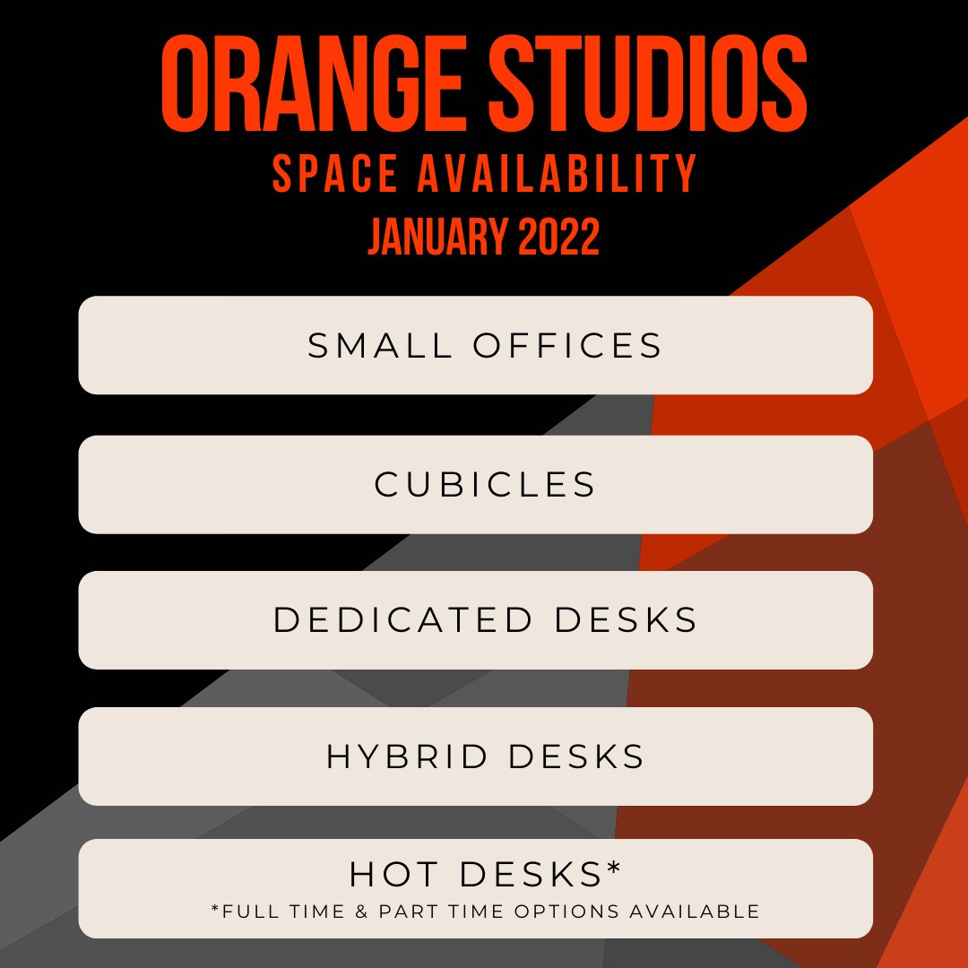 OrangeStudiosUS's tweet photo. Happy New Year! Looking for a great workspace for 2022? We have a wide range of availability to fit what you're looking for. Contact us at info@orangestudios.us or give us a call at (425)698-2126 to schedule a tour. https://t.co/G7TQhgzuEf