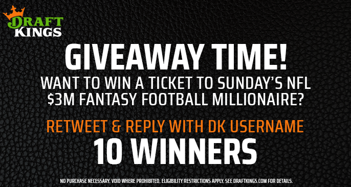 DraftKings's tweet image. Onto Week 18! To celebrate, we&apos;re giving away 10 tickets into Sunday&apos;s NFL $3M Fantasy Football Millionaire 👀

🔁 Retweet this post
🗣 Reply with your DK username

10 winners. Ends 1/6 at 6pm E.T. 

T&amp;amp;Cs: bit.ly/3mY3AMj