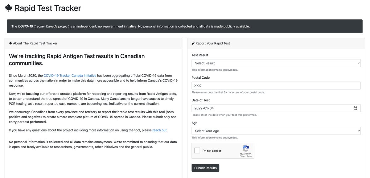 Today, we’re launching our Rapid Test Tracker to improve our understanding of COVID-19 spread in communities across Canada.

Canadians from every province/territory are encouraged to report their rapid test results - both positive and negative.

covid19tracker.ca/rapid.html