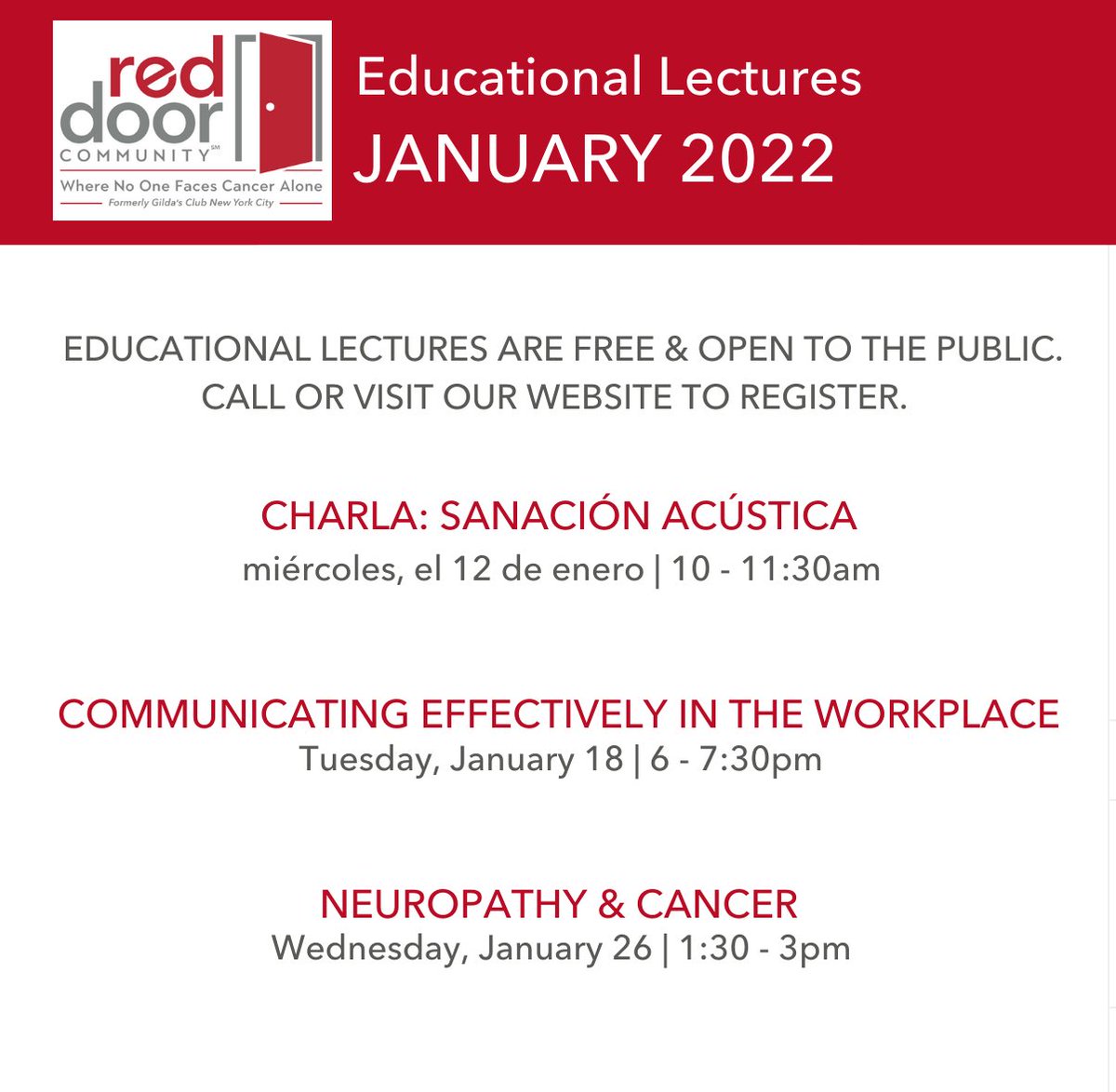 RedDoorCm's tweet image. January Educational Lectures are now open for registration. All of our lectures are free and open to both members and non-members!

Registration is required: bit.ly/RDCProgCal
 
#RedDoorCommunity #FreeCancerSupport #EducationalLectures #Cancer #VirtualLectures #Trending