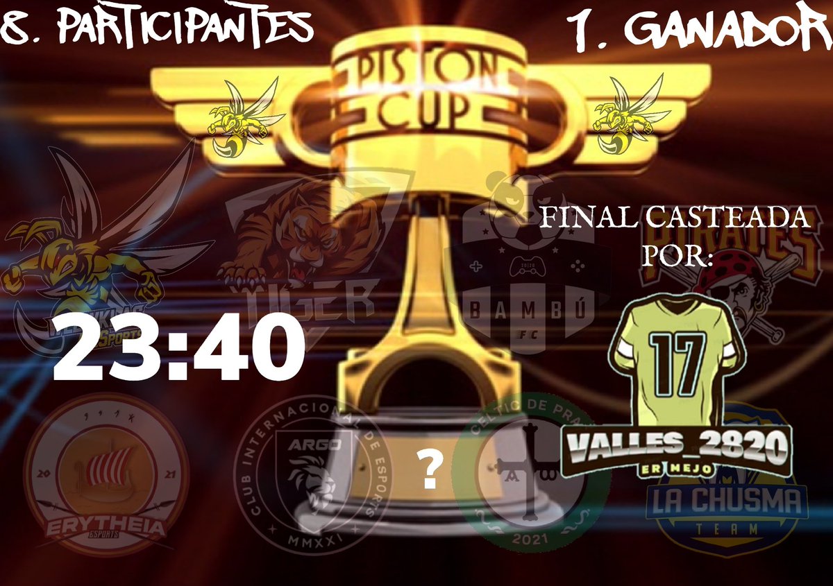 <a href="/WeewKlas/">Weewklas eSports | Clubes Pro</a> <a href="/CelticdePrao/">CelticDePrao</a> <a href="/team_chusma/">La Chusma Team</a> <a href="/ErytheiaEsports/">ERYTHEIA ESPORTS ⛵</a> <a href="/fc_bambu/">Bambú FC eSports</a> <a href="/THEPIRATES_FC/">THE PIRATES FC1</a> <a href="/TIGERSESPORT01/">Tigers Esport</a> <a href="/laspalmasud/">cristiansanz</a> <a href="/valles__2820/">Andres</a> Se ha caído un equipo, pero tenemos el placer de recibir a @argoesportsteam, suerte a todos mañana, equipazos 👏👏