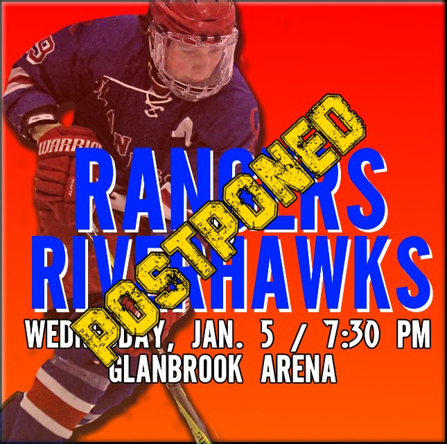 PJHL_GRangers's tweet photo. The Glanbrook Rangers regret to announce that tonight's home game against the Niagara Riverhawks and all further games until Jan. 27 have been postponed in accordance with the latest provincial and PJHL Covid protocols.  For more information, see https://t.co/7wYTI9HNFC https://t.co/88HewkvCJL