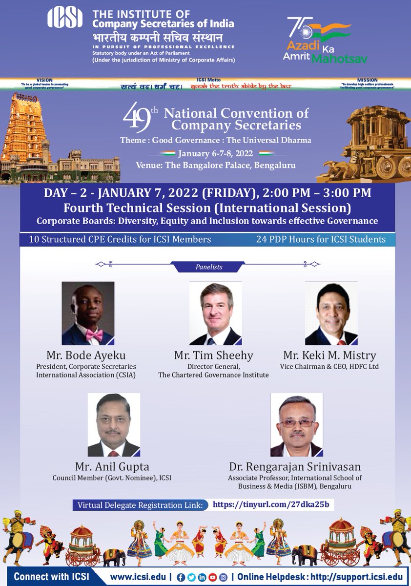 icsi_cs's tweet photo. #Corporate Boards: Diversity, Equity and Inclusion towards effective #Governance - Fourth Technical Session (International Session) at the #ICSIConvention #ICSINationalConvention.  For virtual Registration log on to https://t.co/xO3lXPsSFY https://t.co/NtaL9vKJAP