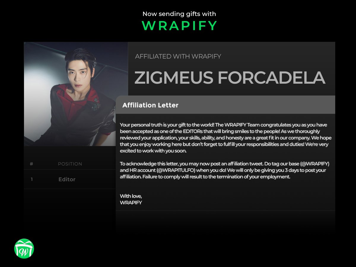 ㅤㅤㅤㅤ

﹫ busyzigmeus.⠀ posted an affiliation update. 
              ≡   01.05.22  |  12:14
              ⌕   location disabled.

              —  Zigmeus IS NOW AFFILIATED 
              WITH WRAPIFY.⠀ㅤㅤㅤㅤ

ㅤㅤㅤㅤ