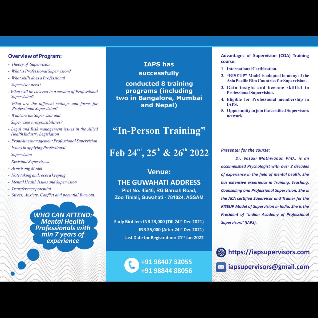 _IPN_org's tweet photo. IAPS is happy to announce the 9th batch of RISE UP Training in Professional Supervision; this time in Guwahati. 
For more details and for registration visit:
https://t.co/qmGcjO1ew0 https://t.co/5VEaHPdFfz
