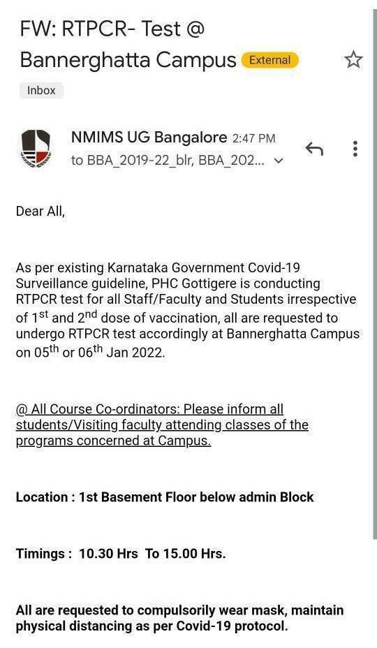 not_sahi's tweet photo. Corona cases increase across NMIMS campuses, But no immediate preventive measures like online classes. Instead of ensuring that no one gets covid, they wait until someone gets sick, and then expect students to take covid tests &amp; miss attendance if they want to protect health. https://t.co/BlEdmjWqqz