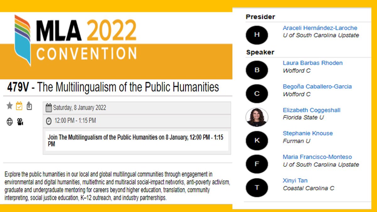#MLA22 Join us Thurs, FRI &amp; SAT for interactive virtual discussions on Valuing the #Multilingual #PublicHumanities <a href="/LauraBarbasRh/">Laura Barbas Rhoden</a> @MontesoFM <a href="/Begona_Caballer/">Begoña Caballero</a> <a href="/dante_today/">DanteToday</a> <a href="/nmvalenzuela/">Natalia Valenzuela</a> @profeRubioC <a href="/roopikarisam/">Roopika Risam</a> ADE/ADFL <a href="/LydiaTangPhD/">Lydia Tang</a> &amp; Career Pathways mla.confex.com/mla/2022/meeti…