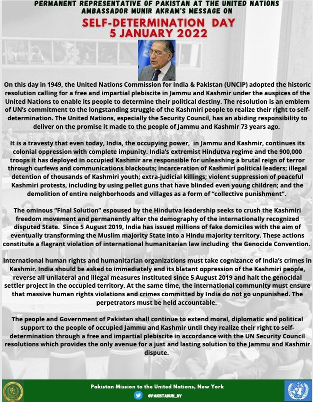 On this day in 1949, the United Nations Commission for India &amp; Pakistan #UNCIP adopted the historic resolution calling for a free &amp; impartial plebiscite in Jammu &amp; Kashmir under the auspices of the <a href="/UN/">United Nations</a>  to enable its people to determine their political destiny: Amb Munir Akram