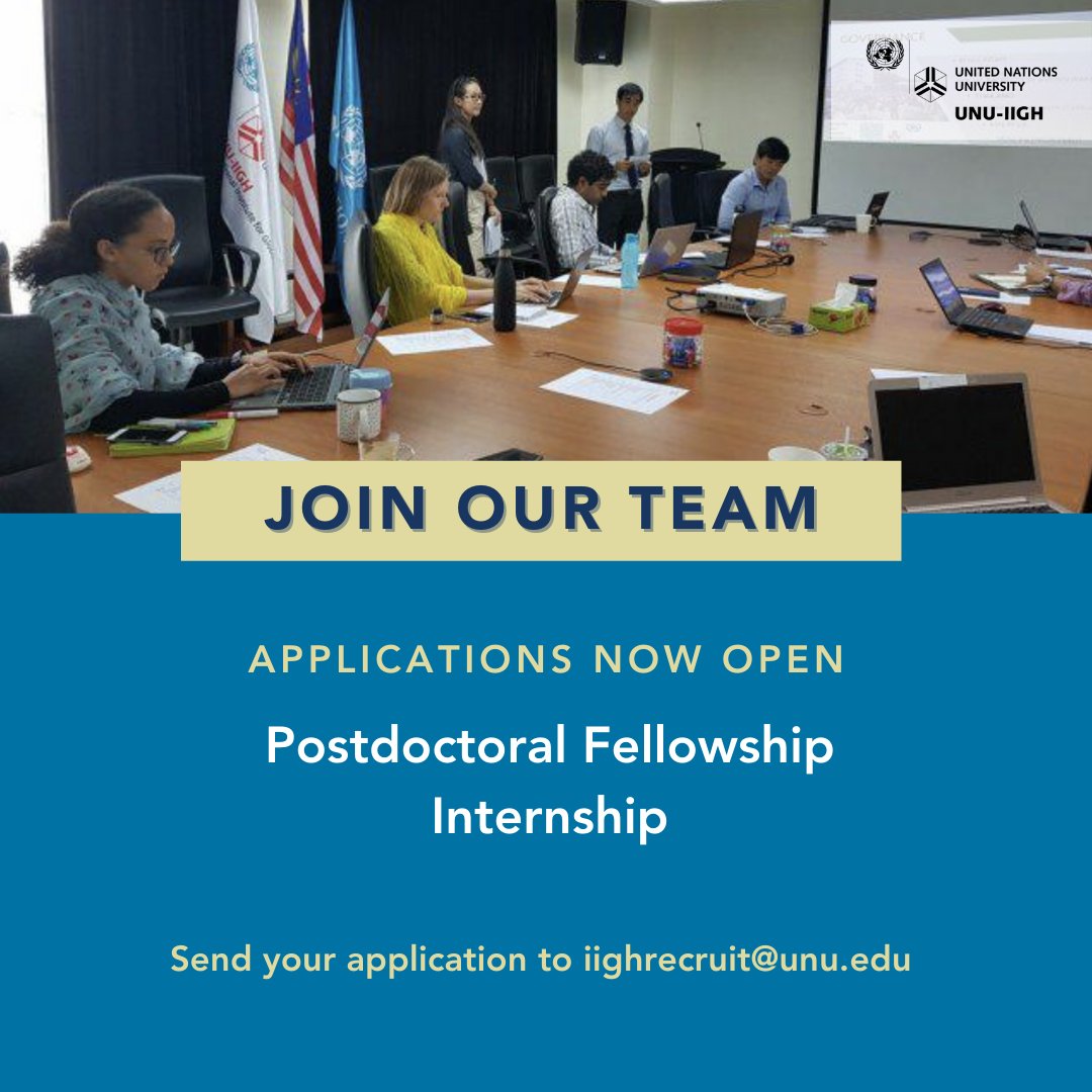 JOIN OUR TEAM | APPLICATIONS NOW OPEN: careers.unu.edu/o/post-doctora…

🔖Post Doctoral Fellow 2022
📍Kuala Lumpur, Malaysia
🏢UNU-IIGH

UNU-IIGH also offers internship opportunities to young professionals with an interest to gain more experience in global health: go.unu.edu/Qq5Yad