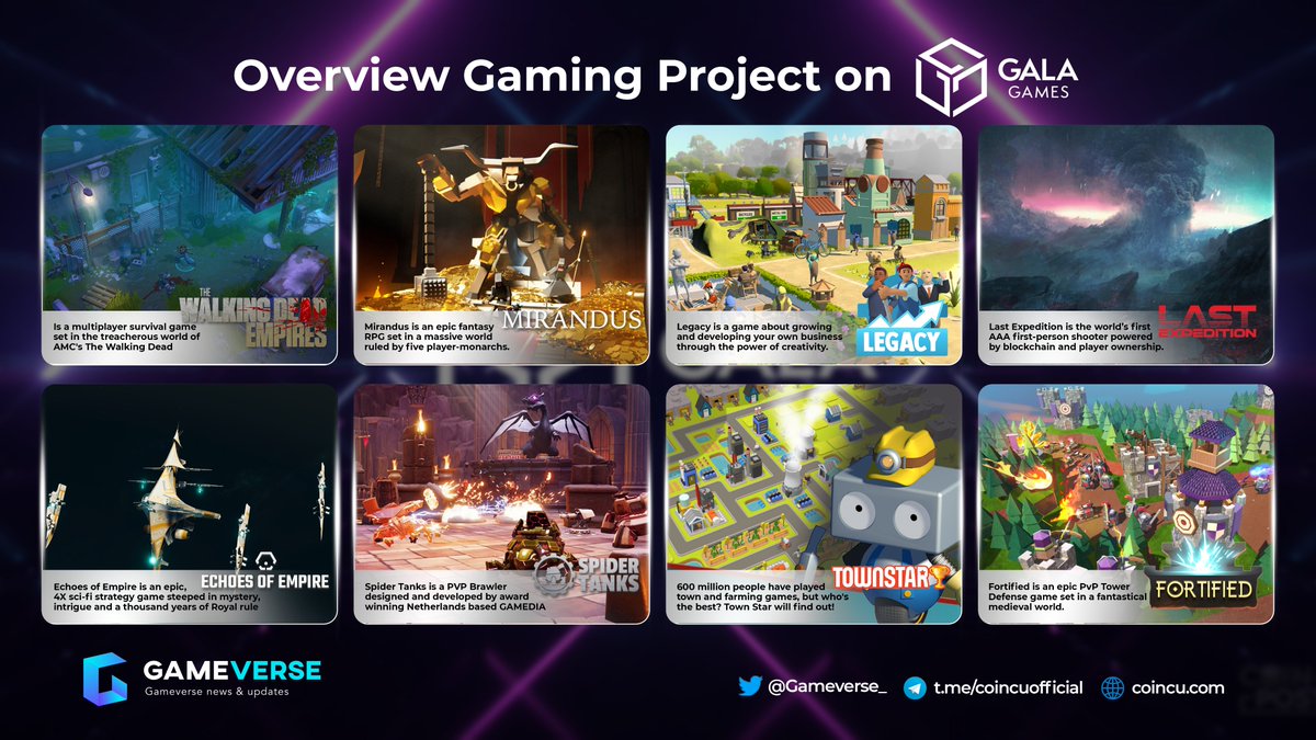 Gameverse_'s tweet photo. 📌Overview Gaming Project On @GoGalaGames 💡
1.#The_Walking_Dead_Empires
2.#MIRANDUS
3.#LEGAXY
4.#Last_Expedition
5.#Echoes_of_Empire
6.#Spider_Tanks
7.#Townstar
8.#Fortified
🎮Which project do you like to play the most?🎮
#gala #gameverse_ https://t.co/ArnLlzwxiP