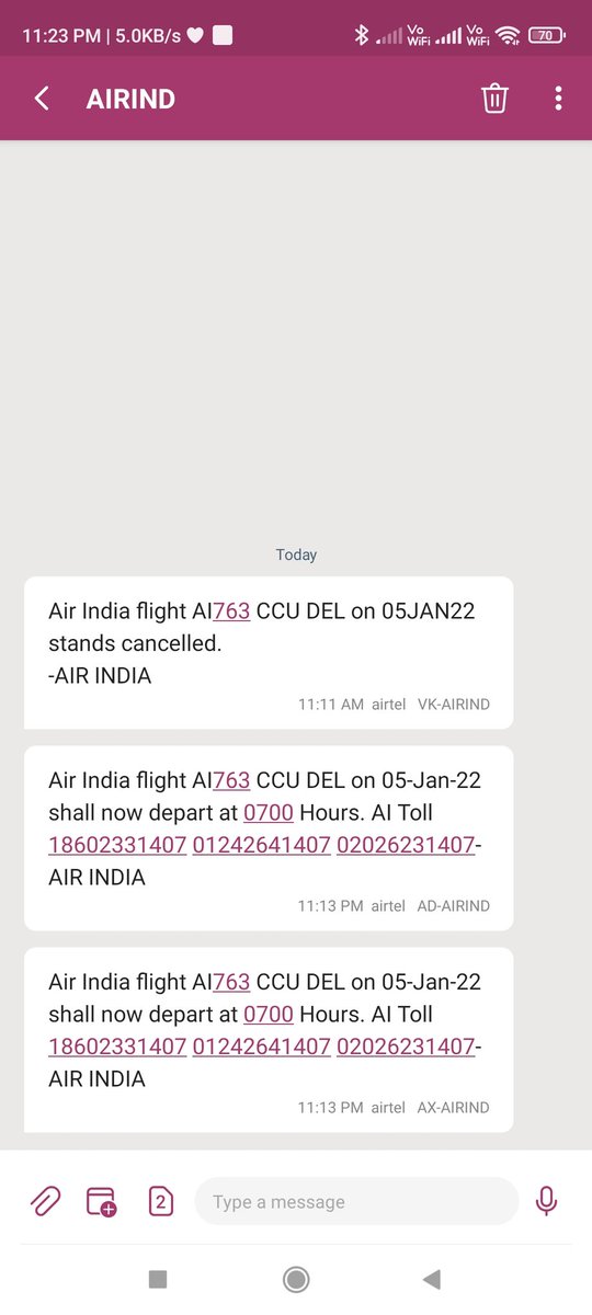 Sanghamitra11PR's tweet photo. Nvr travel in @airindiain. A fraud airlines. Due to their miscommunication n wrong info i had to pay the price of ticket cancellation. 1st u say flights cancelled thn at mid night just 5hrs before flight is scheduled.Tell me how to board that flight.N they have the worst ccs. https://t.co/p75X9p06a1