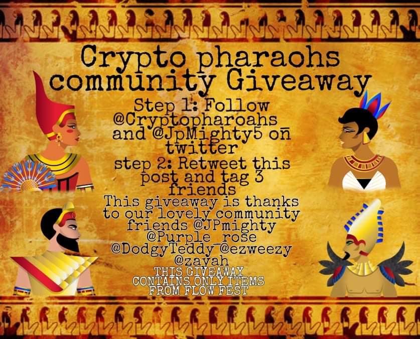 JpMighty5's tweet photo. @CryptoPharaohs_ discord members is running a community giveaway @flowverse_ ,@nbatopshot @melos_studio @rarerooms @JambbApp @ovo__official ,follow instructions below,&amp; wed at 6pm est,3 winners will be announced at https://t.co/gvHdbJUBGA https://t.co/BmTi3UvPZ2