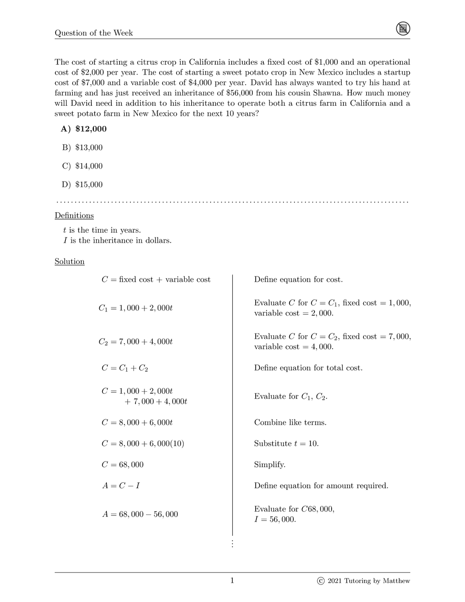 MatthewTutoring's tweet photo. Did you calculate that David would need an additional $12,000 to start his sweet potato crop? Reply and let me know if your solution matched mine or if you got the same answer a different way. #Math #SATACT #QuestionoftheWeek https://t.co/pqalFd4IGP