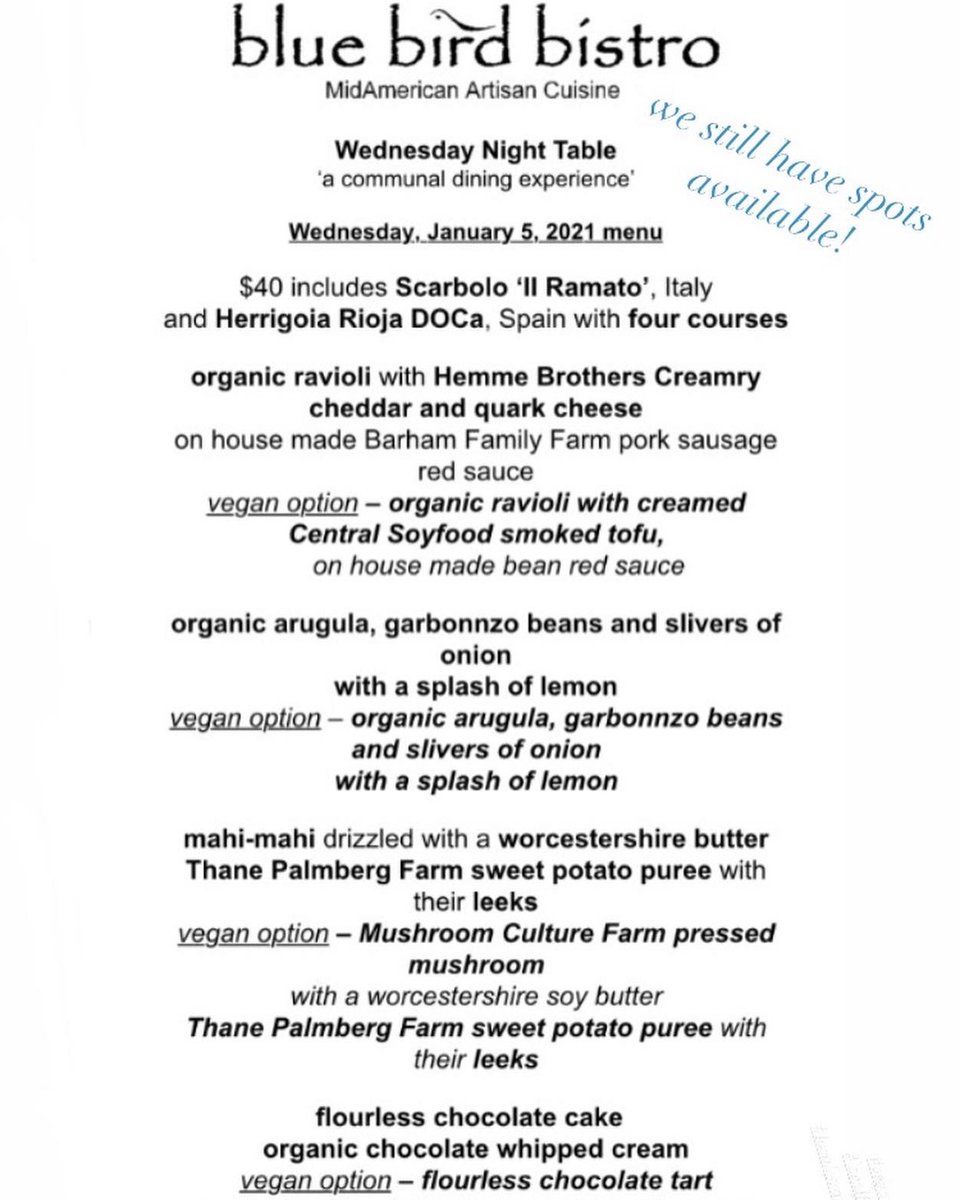 bluebirdbistro's tweet photo. It’s time for the Wednesday Night Table, our communal dining experience
#localmeats #locallyraised #vegan #Veganuary #Veganuary2022 #visitkc #glutenfree https://t.co/zwoq5WKJ4b