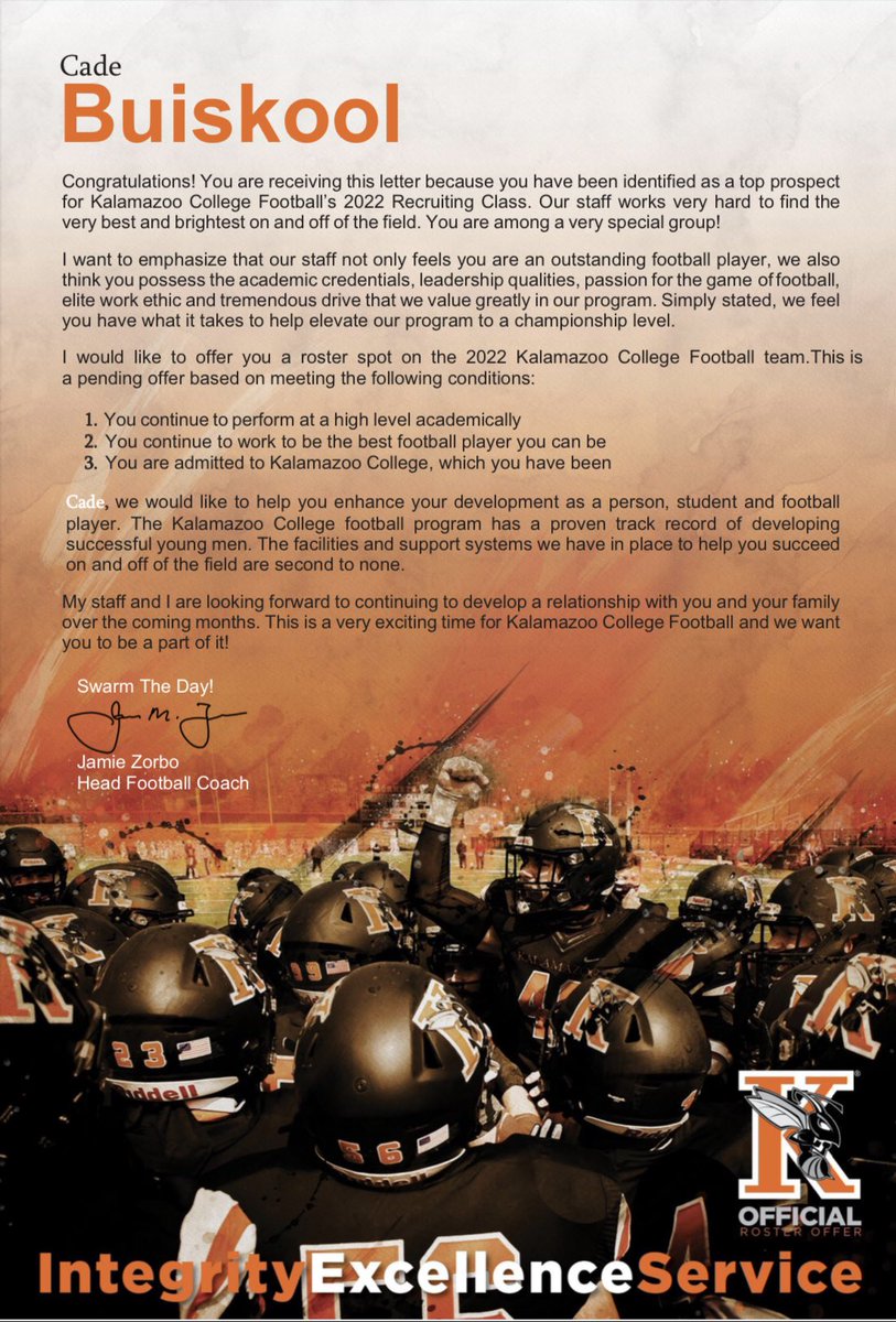After a great call with <a href="/CoachRiceKZoo/">Coach Aaron Rice</a>  I am extremely blessed to have received an offer from <a href="/KzooFootball/">Kalamazoo College Football</a> Thank you for the opportunity <a href="/CoachZorboKZOO/">Jamie Zorbo</a> #KzooFootball