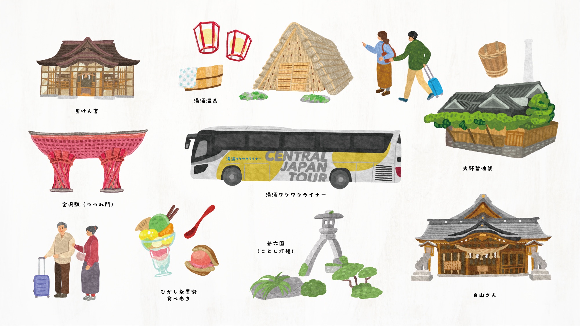 Moeko Kobayashi お仕事紹介 期間限定無料送迎バス 湯涌ワクワクライナー のwebサイトイラストを担当させて頂きました 金沢の様々なゴールデンスポットに立ち寄れる素敵なバスですよ Director Asami Murata Cyan T Co Fp3innunnt T