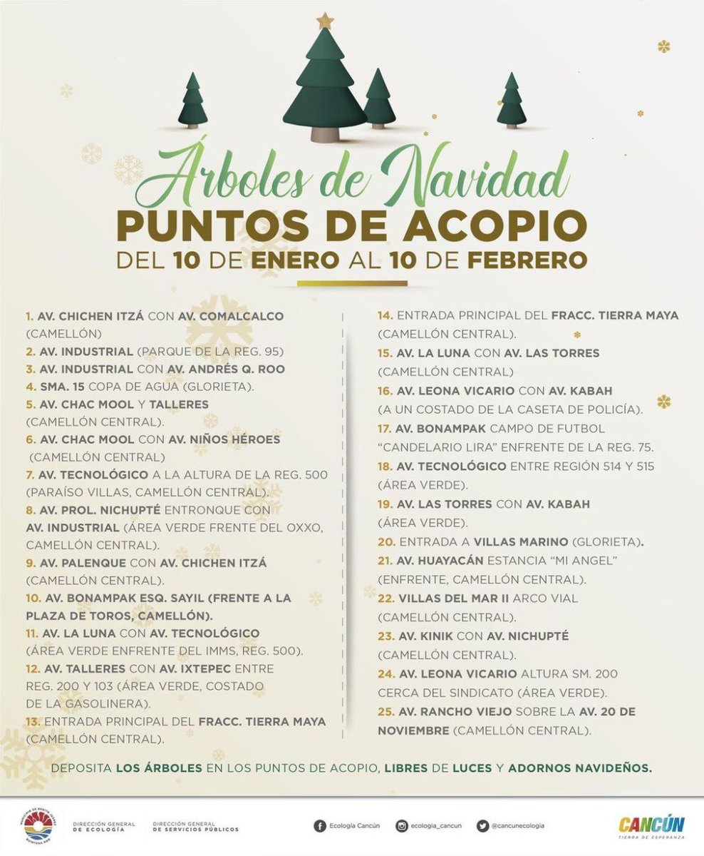 Del 10 de enero el 10 de febrero estaremos recibiendo árboles de navidad en diversas ubicaciones para reciclarlos y seguir cuidando a nuestro #MedioAmbiente. 🎄♻

¡Ubica tu punto de acopio más cercano! 👇

#TierraDeEsperanza