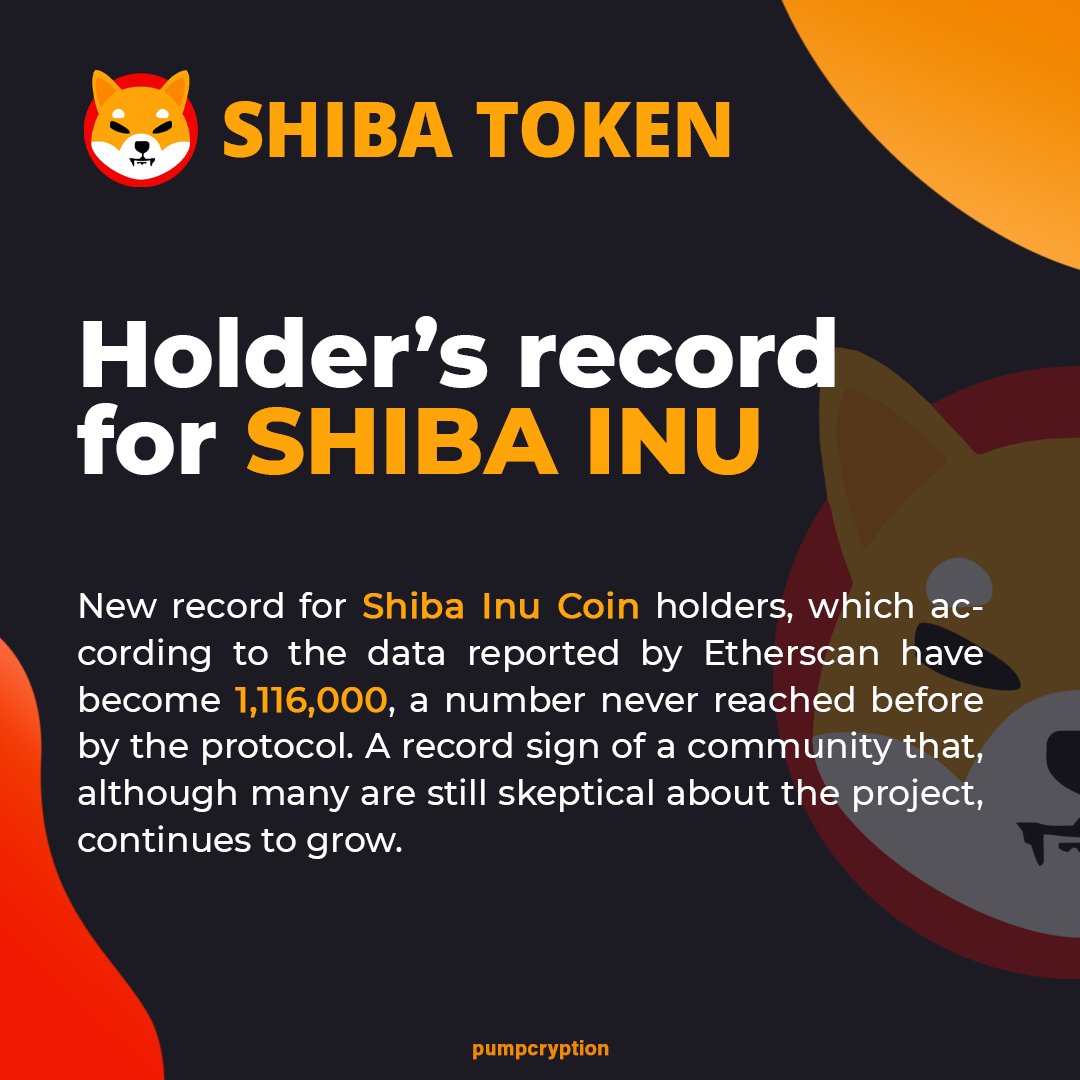 pumpcryption's tweet photo. New record for Shiba Inu Coin holders, which according to the data reported by Etherscan have become 1,116,000, a number never reached before by the protocol.

#cryptocommunity #crypto #shib #shibainu #binance #ethereum #bitcoin #doge #bnb #cryptocurrency #token # https://t.co/FuUvl2f5eT