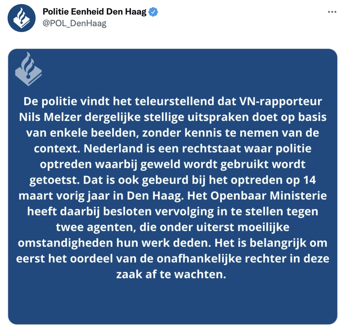 NilsMelzer's tweet photo. I thank @POL_DenHaag for promptly confirming that two officers involved in this particularly grave instance of #PoliceBrutality are indeed being prosecuted as required by the #ConventionAgainstTorture. https://t.co/z26YBf2nis