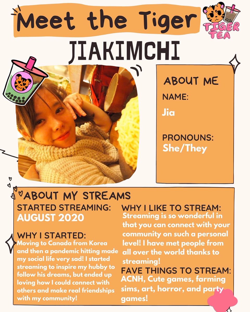 TigerTeaTeam's tweet photo. 🐯 MEET THE TIGER 🐾
Meet Jia! @JiaKimchi streams cute games, farming simulators, horror, and more! She loves that she can make genuine friends from streaming. Thanks for everything you do, @JiaKimchi !
#TigerTea 🐯🍵 #twitchstreamer #twitchstreamteam #tigerteateam https://t.co/RLOfPPxcSu