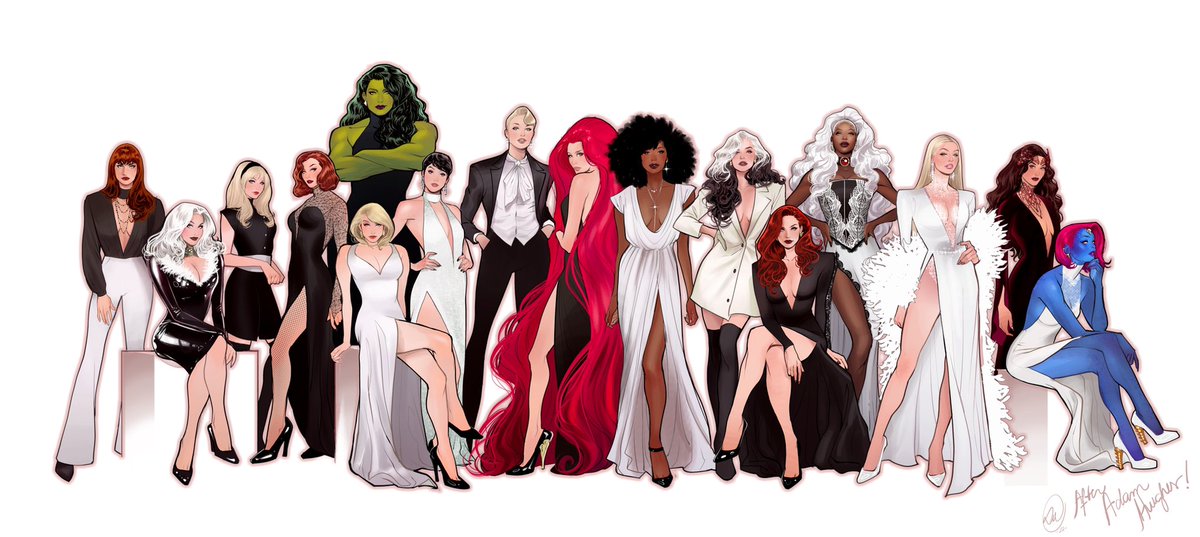 LukasWerneck's tweet photo. The last Piece of 2021 and the first post of 2022! The Marvel Ladies based on the always incredible @AH_AdamHughes ✨
from Left to Right 
-Mary Jane, Felicia, Gwen Stacy, Natasha, Sue Storm, She Hulk, Wasp, Carol Danvers, Medusa, Monica, Rogue, Jean Grey, Emma Frost, Wanda, Raven https://t.co/FX13w6IeGh