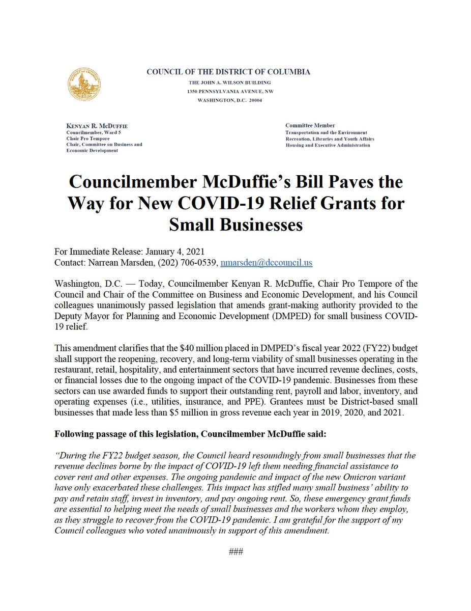 Councilmember McDuffie released the following statement on bill amendment that provides new COVID-19 relief for #smallbusinesses in the District.