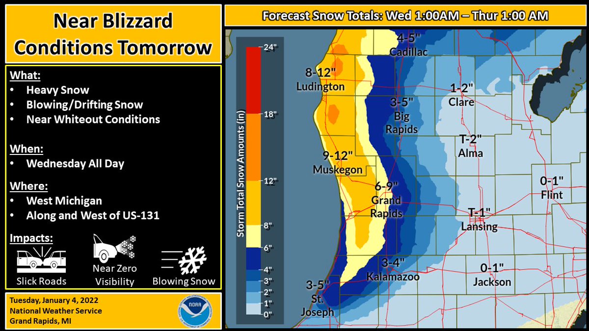 NWSGrandRapids's tweet photo. ⚠️To keep it simple, tomorrow's gonna be a dangerous travel day for the lakeshore. Heavy snow will start around sunrise and last through the day. Winds will gust to 40-45mph with visibility near zero at times. Please use extreme caution if you are on the road tomorrow! ⚠️ https://t.co/2q87dyXBsV