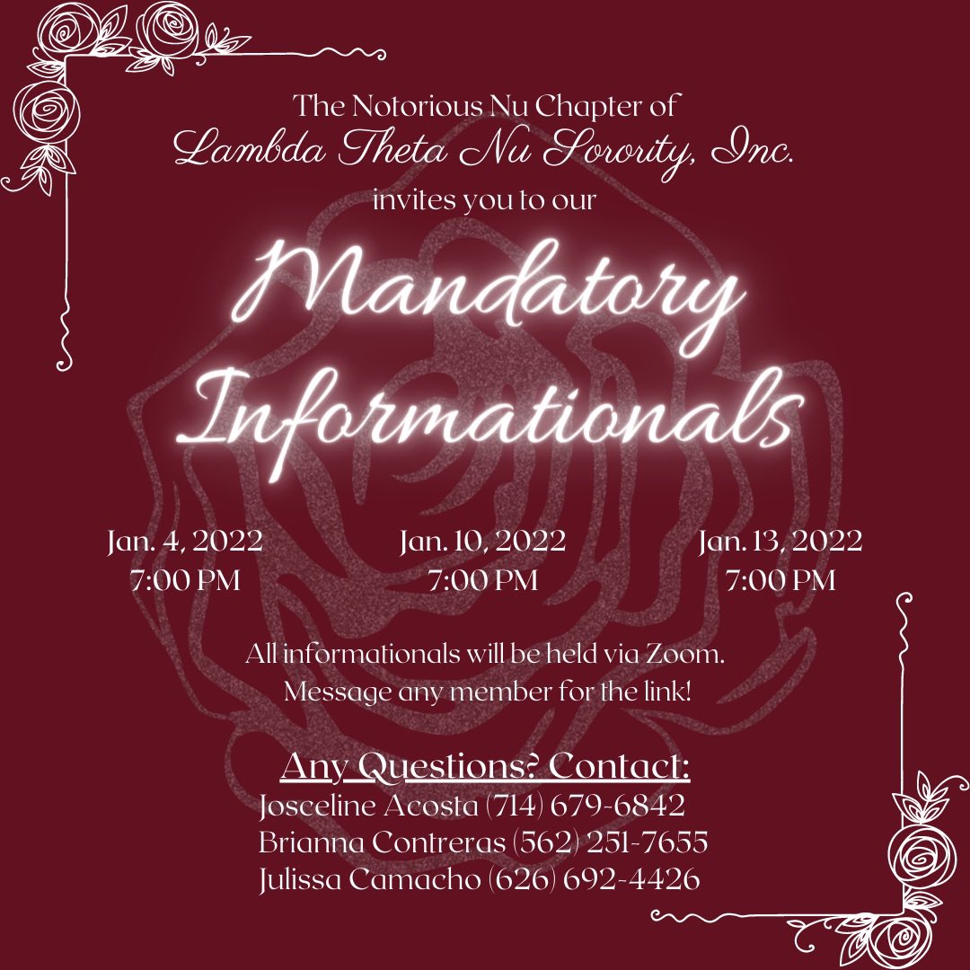 UCSBLambdas's tweet photo. Interested in becoming a Lambda? Join us tonight for our 1st mandatory informational and learn what it takes to be a Lambda! 🌹⚔️

You only need to attend 1 out of 3 mandatory informationals. We hope to see y’all there! ✨ https://t.co/fl0QEVEcOw