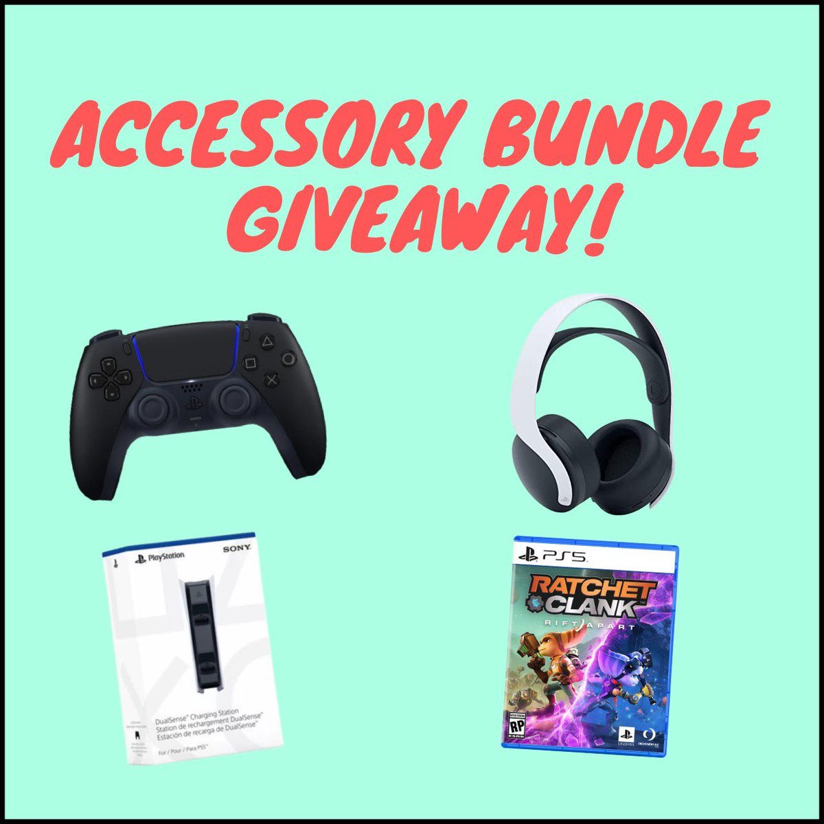 Deals_CDN's tweet image. PLAYSTATION 5 ACCESSORY BUNDLE GIVEAWAY 🎁 

Includes 
• PS5 DualSense Wireless Controller
• Pulse 3D Headset 
• DualSense Charging Station
• Ratchet and Clank ‘Rift Apart’

RETWEET to enter. Must be following. 

Good luck! 🍀