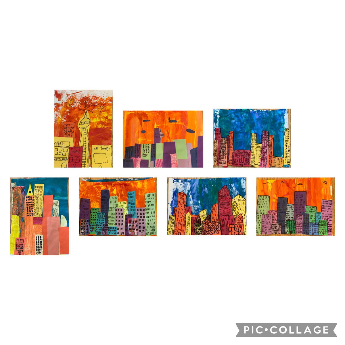 Beautiful art created by Gr3Ss Warm/cool colour cityscapes using overlapping and painted papers 😃🎨❤️ @PeelSchools  @PeelArts1 @Homestead_PS #colourtheory #studentart #youngartists #torontoskyline #creativeartists