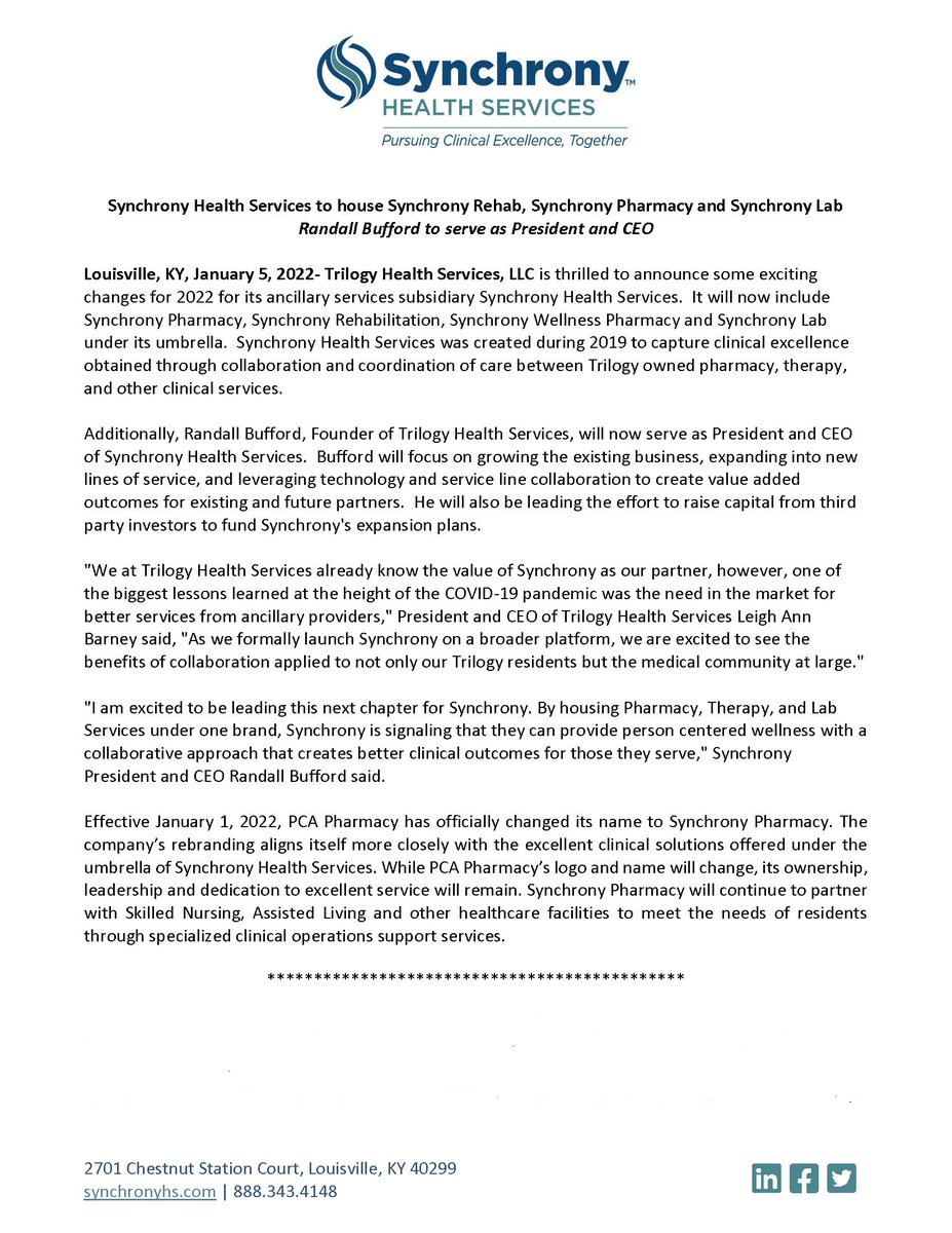 rbufford's tweet photo. Exciting things happening @Synchrony_HS and @TrilogyLiving. Read on for details and learn more at https://t.co/0qpAOvv97d! #HereWeGrowAgain #CollaborativeOutcomes #ValueBasedCare https://t.co/ISOvxzF4a4