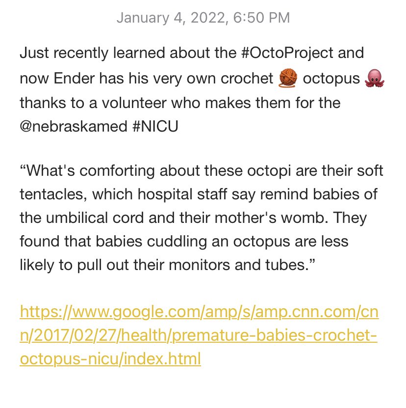 KeeganKorf's tweet photo. omg check out these pics and my note to learn more about the #OctoProject, a sweet thing where a teeny tiny crochet octopus 🐙 can comfort a #preemie. Read more at the link below 👇🏻 I’m dead ☠️ This is Ender’s very own 🐙 

https://t.co/5dopjnzvoF https://t.co/dMqk89MPG6