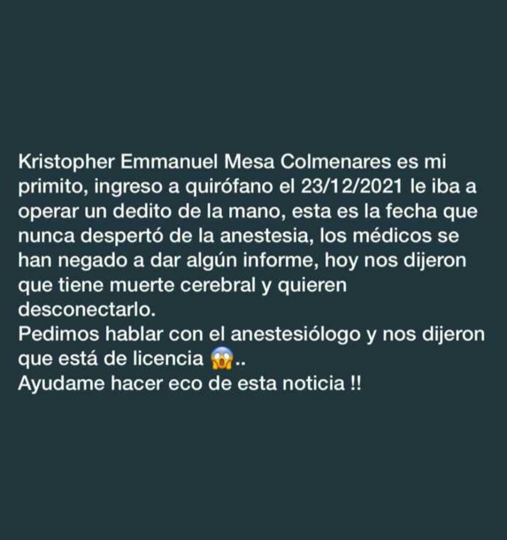 Los padres del niño Cristopher Emmanuel Mesa Colmenares de 2 años, son migrantes venezolanos en #Chile, el pequeño fue operado el pasado #23Dic en un hospital de Santiago, la pareja denuncia que por una presunta mala praxis médica el niño hoy presenta muerte cerebral. #4Ene