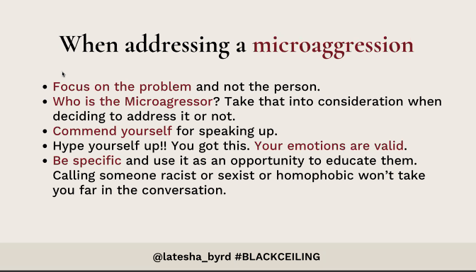 QJacksonSSRocks's tweet photo. Love this framework for addressing microaggressions at work @latesha_byrd ! Resources matter! #blackceiling https://t.co/BsKUteubXj