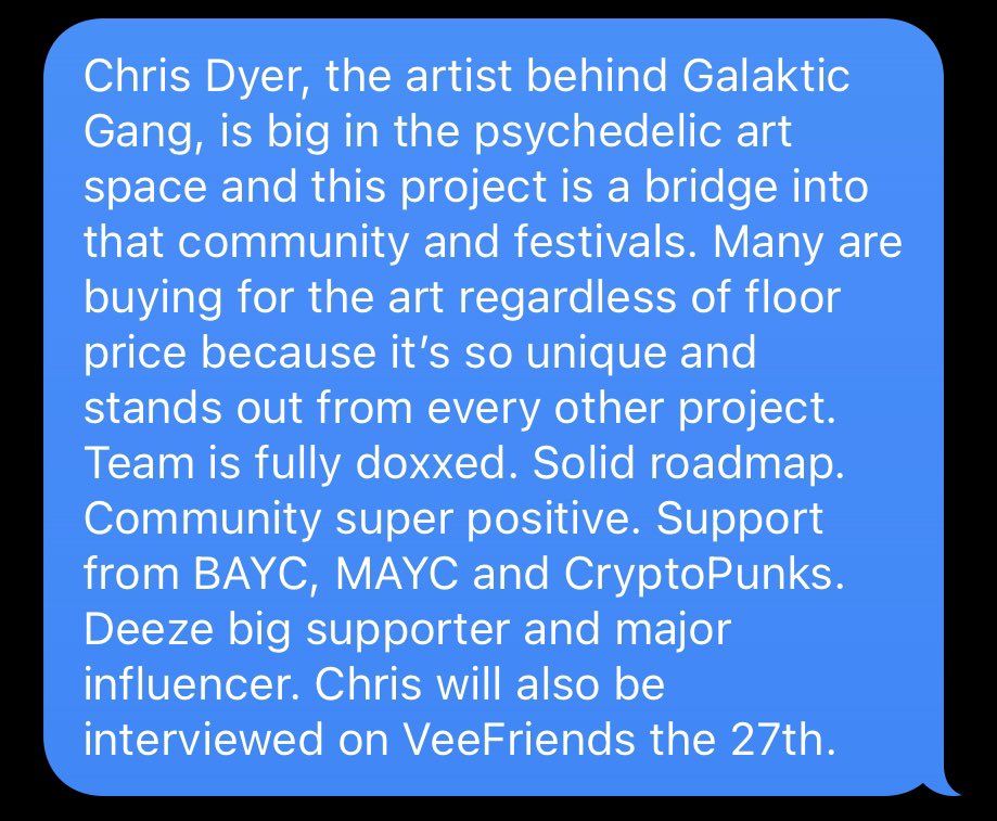 A friend asked me why should he buy <a href="/GalakticGangNFT/">Galaktic Gang</a>.

This was my response.