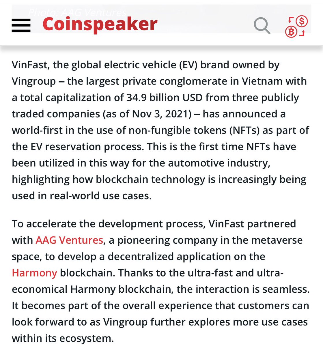 kratos_harmony's tweet photo. VinFast, the global electric vehicle (EV) brand owned by Vingroup, the largest private conglomerate in Vietnam w/ total capitalization of $34.9B has announced a world-first in the use of NFTs as part of the EV reservation process on @harmonyprotocol $ONE w/ @aag_ventures, HUGE 🔥 https://t.co/pMXRz1auQS