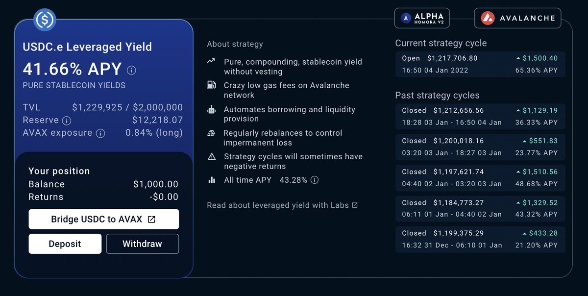 Experiment with GRO Lab, stablecoin yield 40% APY.

10th Dec 2021: Deposited 1k USDT. Decent returns so far.
4th Jan 2022: Deposited 1k USDC. See how it goes.

Will probably deposit DAI next round. WAGMI.

<a href="/groprotocol/">G</a> <a href="/AlphaFinanceLab/">Moved to @AlphaVentureDAO</a>