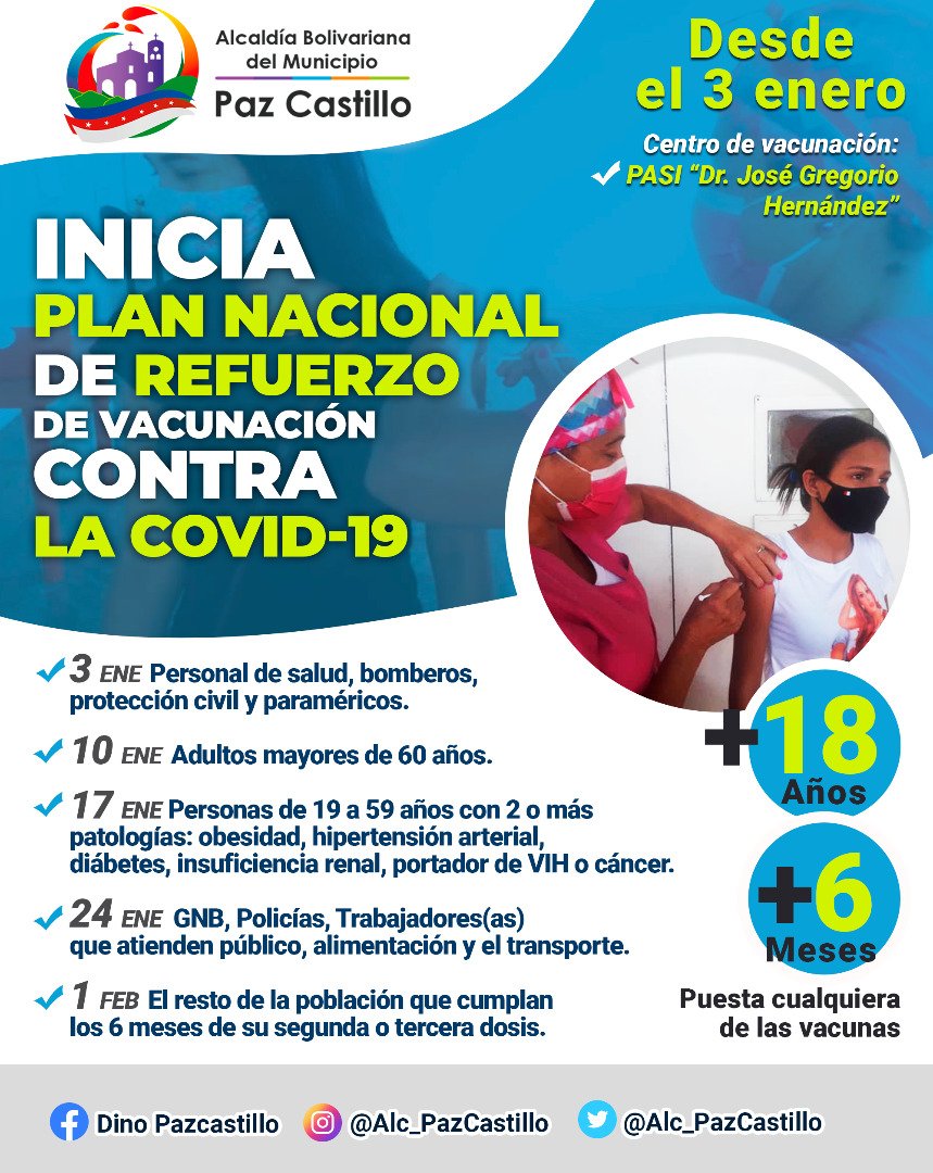 #Enterate🔊 Todos atentos a las fechas programadas para el Plan Nacional de Refuerzo de Vacunación contra la #Covid-19 ☝️
#ForjadoresDePatria
#VacunateContraLaCovid-19