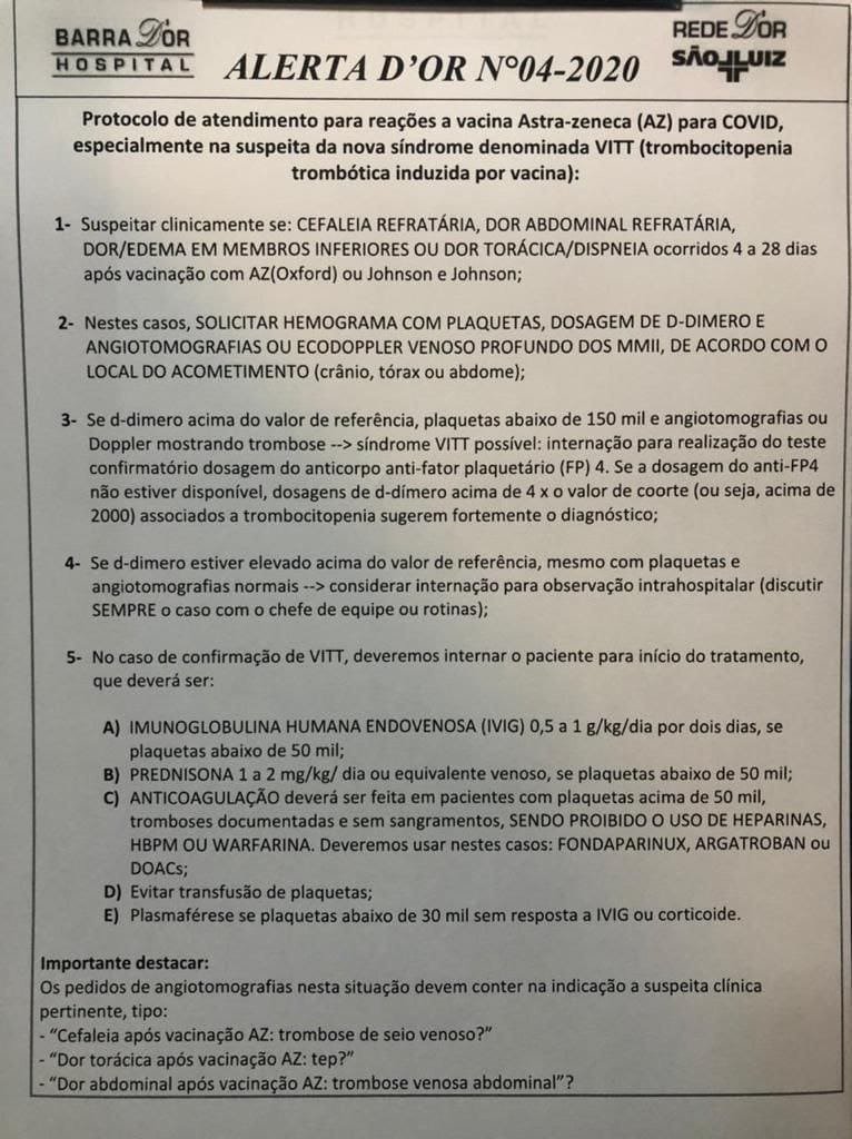 vera_cid's tweet image. Já existe até protocolo da Rede D’Or para complicações da vacina astrazeneca e a imprensa continua muda.